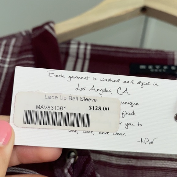 NWT WOMEN’S LACE UP PLAID BELL SLEEVE TOP - Picture 3 of 5